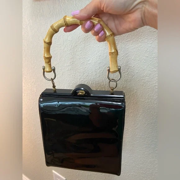 Vintage Evening Black Patent Vinyl Top Handle Handbag Purse, Bamboo Handle - Picture 4 of 11